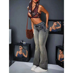 Jean en denim micro-évasé moulant taille basse amincissant et rehausseur de fesses pour femmes européennes et américaines, extensible, effet pêche, pantalon long - Product Image 1