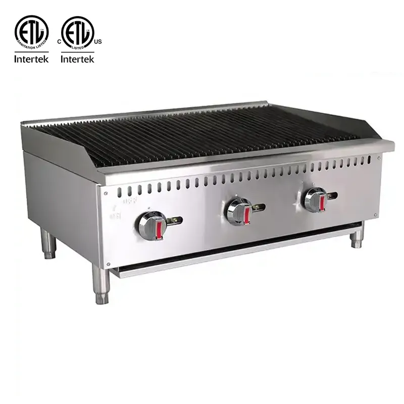 ETL-Zertifikat Catering-Zubehör t Edelstahl 48 Zoll Gas-Tischplatte-Strahler/Lava-Stein-Charbroiler-Grill für Restaurant