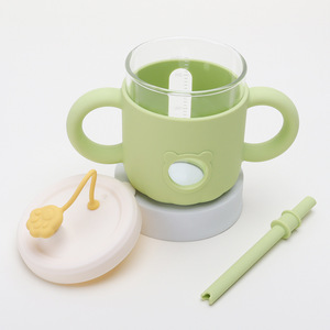 Baby Feeding Milk Glass Cup Spill Proof Sippy Cup Baby Milk Drinking Water <b>Bottle</b> with Silicone Sleeve with Lids and <b>Straw</b> - Product Image 4