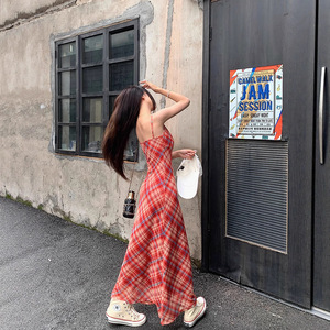 Lace V-neck Red Plaid Suspender Dress For Women Tight Waist Bodycon Long Casual Dress Holiday Celebration Style - Product Image 5