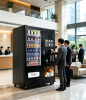 Nouvelle machine distributrice 2-en-1 de snacks, boissons et café, modèle 2026, en promotion, 24h/24, sans personnel, avec écran tactile et service en libre-service