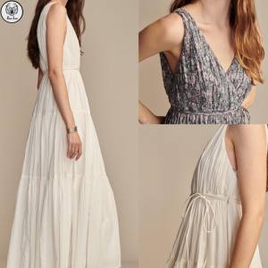 قماش عصري جديد معاد تدويره بطبعة أزهار أنيق فتحة رقبة على شكل حرف V مع فستان طويل من الكتان الطبيعي الناعم الفاتح للتنفس - Product Image 2