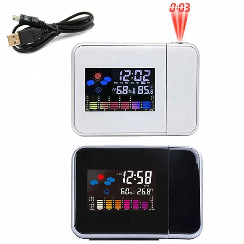 Reloj despertador de proyección Digital LED con proyector USB, reloj de repetición para estación meteorológica, termómetro, pantalla de fecha y calendario