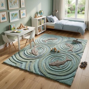 Premium Hand Tufted Fish Wool Area <b>Rug</b> in Blue Green with 3D Ocean Theme Design <b>for</b> Living Room Bedroom <b>Nursery</b> Kids Room - Product Image 3