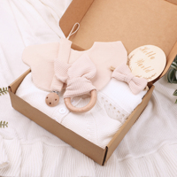 Coffret Cadeau Naissance Tongtu 2024 : Couverture à Pompons, Chaîne de Sucette, Combinaison en Crochet, Jouet à Mordre Lapin en Coton et Bois pour Nouveau-né