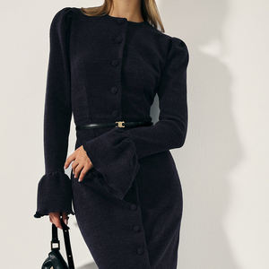 2025 <span class=keywords><strong>in</strong></span> <span class=keywords><strong>maglia</strong></span> tinta unita Button-Up con volant <span class=keywords><strong>svasato</strong></span> ufficio autunno abito nero donna abiti lunghi donna - Product Image 2