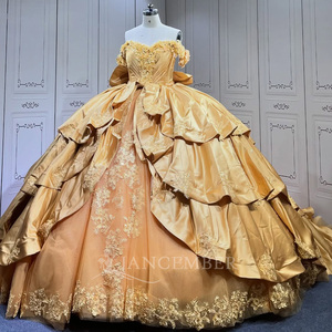 Robes de Quinceañera de luxe Lsmu177 en satin doré, style robe de bal, appliquées, à volants avec traîne, pour filles Jancember - Product Image 2