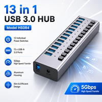 Hub USB 3.0 13 ports 5 Gbps, puce GL3510, boîtier en aluminium, 13 interrupteurs individuels, adaptateur secteur 12 V, métal HS084