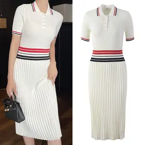 Polo T-shirt Dress Slim Fit Elastic Waist Summer Elegant Woman Maxi Casual Long Dresses Contrast Stripe Hood Waist Pleated Skirt
