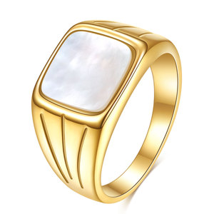 Bague en acier inoxydable pour femme, forme géométrique, incrustation de coquillage blanc et noir, sertissage clos, bijou cadeau - Product Image 5