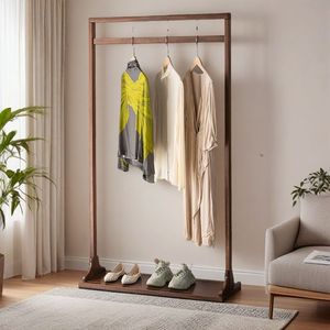 Walnut Wood Floor Standing Clothes Rack Solid Wood Coat Rack For Living Room And <b>Bedroom</b> Simple Home Use With Shoe <b>Shelf</b> - Product Image 1