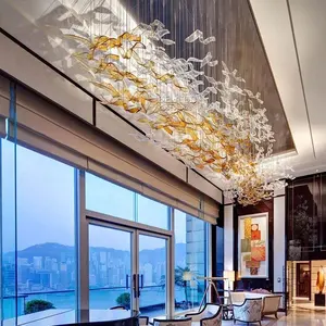 Moderno colgante de montaje empotrado luces de techo colgante Villa sala de estar restaurante grandes de cristal soplado candelabros de hoja de oro