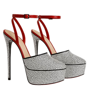Sandales à plateforme épaisse pour femme, taille 45, avec diamants argentés brillants, coupe large, talons hauts fins, bride de cheville rouge et talon découpé - Product Image 5