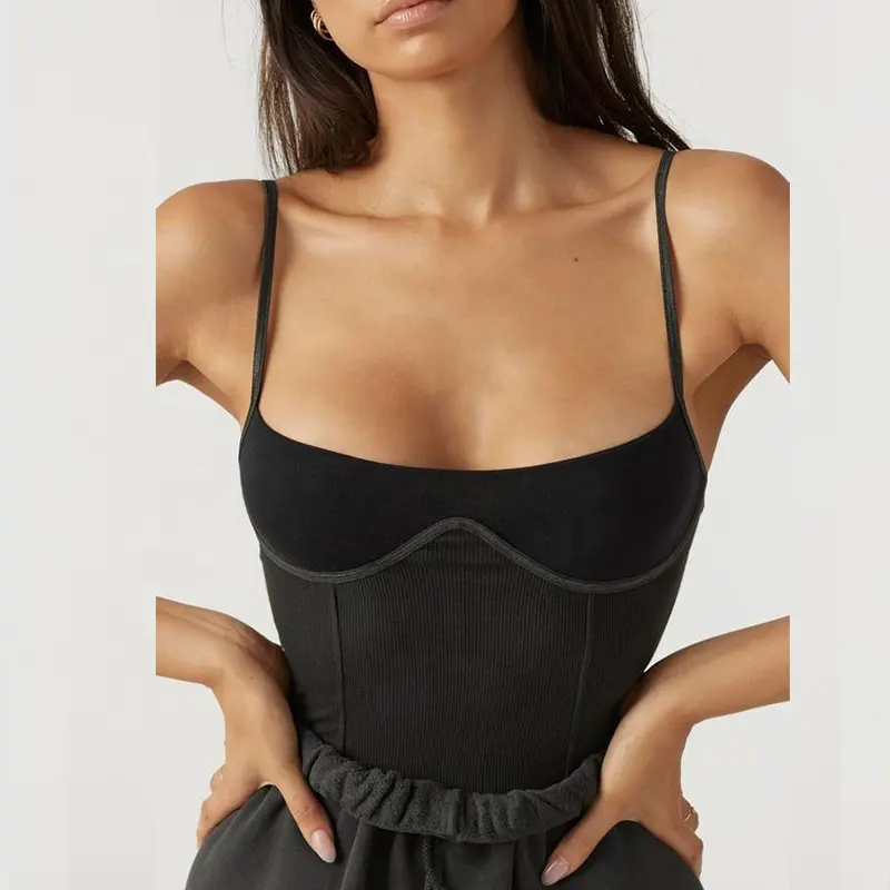 WOMEN TANKS BLACK CORSET STYLE TANK WITH SEAMING AT THE BODICE FEATURING GLOSSY ELASTIC STRAPS RIBBED CROP TOP
