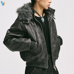 <span class=keywords><strong>Manteau</strong></span> d'hiver surdimensionné noir style aviateur avec capuche en fourrure, veste bomber en cuir vieilli vintage pour <span class=keywords><strong>homme</strong></span> - Product Image 2