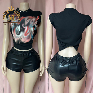 Nuovo Trendy Set da Donna con Camicia Stampata con Strass e Shorts con Lacci, Completo a Due Pezzi Y2K Sexy di <span class=keywords><strong>Design</strong></span> - Product Image 2