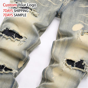 Jeans de Mezclilla Elásticos de Alta Calidad, Ajustados, Estilo Vintage Azul, Personalizados, Rectos, Desgastados, Ajustados para Hombre - Product Image 3