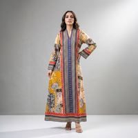 2026 Geringe Mindestbestellmenge Damen Boho Blumenmuster Patchwork Polyester V-Ausschnitt Bodenlange Abend-Abaya Maxikleid Muslimisch Vorne Offen