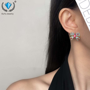 Boucles d'oreilles pendantes tendance, émail <span class=keywords><strong>français</strong></span>, effet goutte d'huile, couleur or, vintage, turquoise, nœud papillon, élégantes, luxe léger - Product Image 6