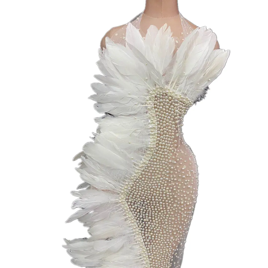 White Feathers See Through Long Birthday Prom Dress Women Stage Costume Sexy Halter Rhinestone Wedding Evening Party Dresses