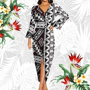 Polynesian Samoan FIJI Printed Polynesian Tribal Plus Size Long Dresses Custom Deep V Neck Ruff Long Sleeve Casual Slit Dress