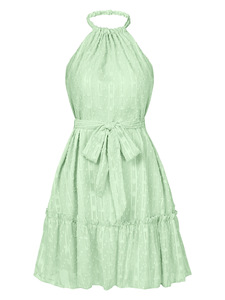 Robe midi <span class=keywords><strong>pour</strong></span> femme - Robe de plage à col halter avec bordure en dentelle et <span class=keywords><strong>ceinture</strong></span>, robe d'été décontractée - Product Image 4