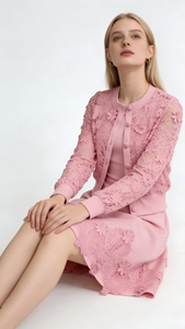 Cárdigan de Encaje Bordado de Manga Larga Color Rosa <span class=keywords><strong>y</strong></span> Elegante Vestido con Dobladillo de Encaje - Product Image 4