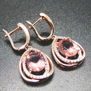 14k Rose Gold Over <b>Silver</b> Simulated Morganite Oval Halo <b>Drop</b> <b>Earrings</b> - Product Image 2