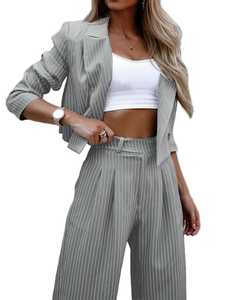 Conjunto de Traje Formal de Dos Piezas para Mujer, Verano 2025, con Chaqueta Corta y Pantalones Rectos a Rayas - Product Image 1
