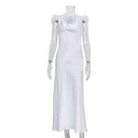 Drops hipping Party Casual White Feather Design Strap Hochzeits abend Vestidos Elegantes Para Mujer Satin Langes Sommerkleid