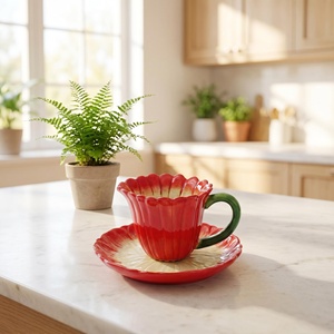 Juego de Taza y Platillo de Cerámica con Diseño de Flores Rojas en Degradado, Elegante Juego de Té de Porcelana Decorativa - Product Image 1
