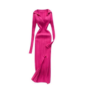 Vestido de Punto Coreano para Mujer, Manga Larga, Cuello en V, Elástico, Ajustado, Tipo Lápiz, Otoño 2021, Sexy, Vestido de Suéter con Abertura - Product Image 1