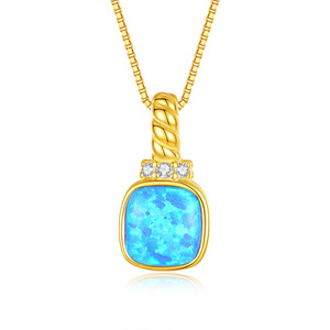 Collar con colgante de ópalo azul con corte cojín, chapado en oro sobre plata de ley 925, con engaste en bisel, cadena de cuerda fina, joyería vintage para mujer. - Product Image 1