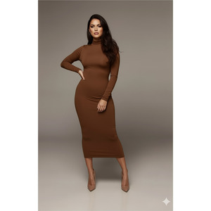 Robe crayon marron à col haut pour femme, longueur 135 cm, tenue de soirée - Product Image 1