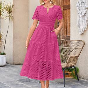 Vestido largo de manga corta de verano para mujer, vestido de moda con cuello en V, ojales huecos, dobladillo con volantes, vestido acampanado con bolsillos, vestidos de temperamento femenino - Product Image 6