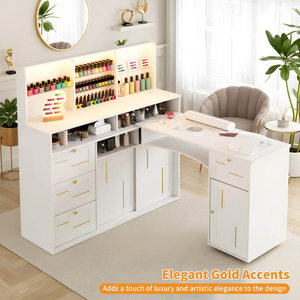 โต๊ะทำเล็บไม้รูปตัว L แบบโมเดิร์น พร้อมตู้เก็บของและที่รองข้อมือ สีขาว - Product Image 1