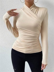 2024 Western décontracté plaine Sexy plissé haut court dames pull mince <span class=keywords><strong>basique</strong></span> col roulé chemise à manches longues <span class=keywords><strong>t</strong></span>-shirts haut pour les femmes - Product Image 6