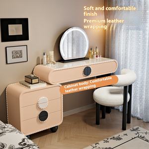 Table de toilette moderne en bois massif, style crème, éclairée, extensible, table de maquillage de chevet, commode à tiroirs pour l'intégration dans un coin - Product Image 4