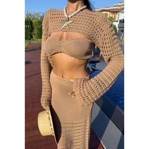 Ensemble trois pièces en tricot bohème pour femme, bustier ajouré, boléro, jupe, couleur moka, manches longues, respirant, style estival - Product Image 1