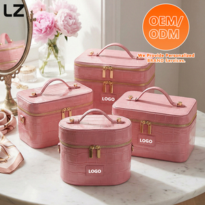 กระเป๋าเครื่องสำอางแบบสองชั้น LZ OEM กระเป๋าใส่เครื่องสำอางสำหรับเดินทาง ป้องกันคราบ หนัง PU สีชมพู สำหรับผู้หญิง - Product Image 6