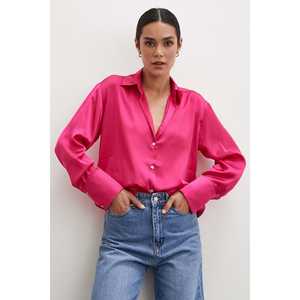 Camisa Básica de Satén Fucsia para Mujer, Blusa Clásica con Botones para Uso Diario - Product Image 2