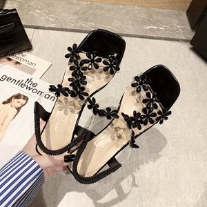 Sandales de luxe personnalisées à fleurs en strass pour femmes et femmes, sandales à talons épais à la mode pour femmes, <span class=keywords><strong>confort</strong></span> - Product Image 5
