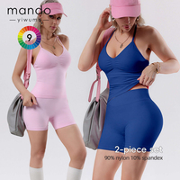 Ensemble de yoga sans couture ultra-extensible à col halter et débardeur, avec short taille haute push-up, ensemble de course 2 pièces pour femme