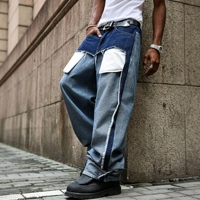 Jeans amples pour hommes, coupe déstructurée, patchwork, denim délavé, style streetwear, pantalon décontracté baggy, vente en gros, personnalisable OEM