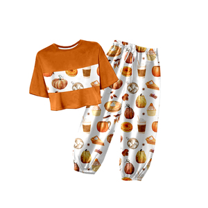 Conjunto de 2 Piezas para Niñas, Estampado de Seda de Leche, Top Corto de Manga Corta + Pantalones Jogger, Conjunto Informal para Otoño - Product Image 5