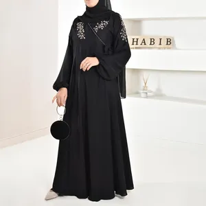 Abaya Dubai Zwart Custom Groothandel Moslim Vrouwen Zwart Elegant Abaya Met Borduurwerk