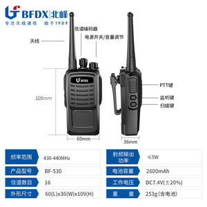 Talkie-walkie Bfdx Bf 530 430-440 MHz, 16 canaux, batterie 2600 mAh pour usage extérieur, construction et hôtellerie - Product Image 1