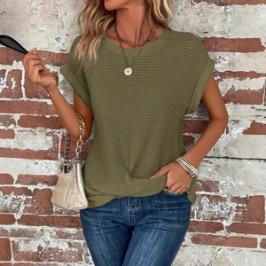 Camiseta de Cuello Redondo de Color Sólido de Alta Calidad para Primavera/Verano, Top Corto Elegante con Mangas Cortas para Mujer - Product Image 2