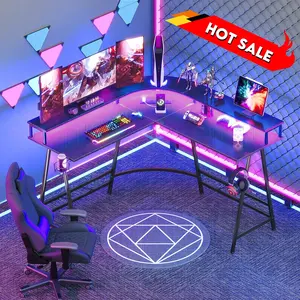 L-Shaped Gaming Desk with LED Lights Power Outlets Cup Holder Metal Computer Table Monitor Shelves for Home Office Corner Desk