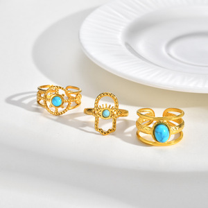 Bague ouverte en acier inoxydable plaqué or 18 carats pour femme, incrustation de turquoise naturelle, Hamsa, yeux de protection, creuse, style vintage bohème, ajustable - Product Image 3